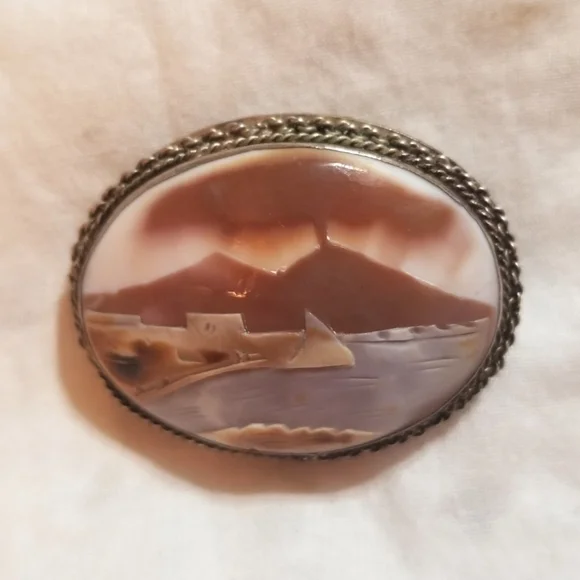 VTG SHELL CAMEO Mountains City Water Boat Scenery Pendant Brooch - Picture 3 of 7